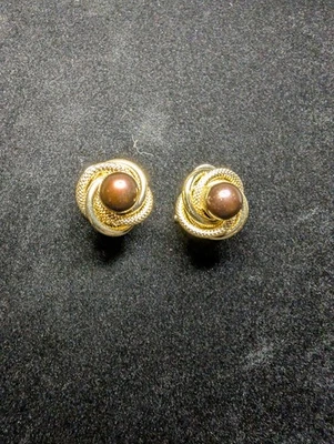 Vintage 14K Yellow Gold Love Knott Chocolate Pearl Earrings English Lock - Image 1 of 4