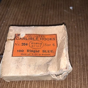 Vintage Full Box Carlisle Hooks In Original Box #6 Blue Ringed / England - Bild 1 von 4
