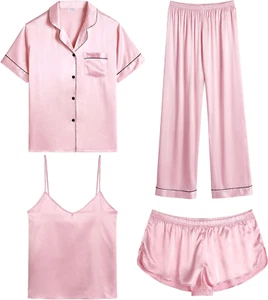 Womens 4Pcs Pajamas Sets Silk Satin Sleepwear Sexy Cami with Button down Short S - Picture 1 of 7