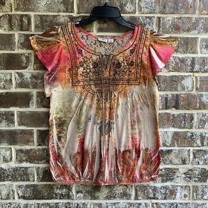 Cato Women's Short Flared Sleeves Top Blouse Front tie Pink Tan Brown Size M - Picture 1 of 5