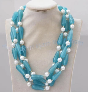 4 Rows Faceted Blue Aquamarine Drop Gems White Round Shell Pearl Necklace 20'' - Picture 1 of 6
