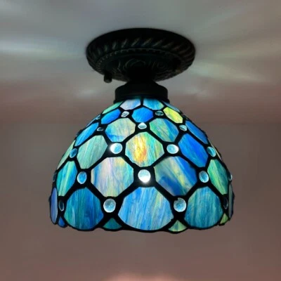 Tiffany Style Ceiling Lights Blue Stained Glass Crystal Beans LED Bulb 8"H8"W8"D - Image 1 of 4