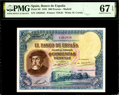🔥SPAIN 1935 500 PESETAS ☆"HERNAN CORTES" ☆ P-89 ☆ PMG - 67 SUPERB GEM UNC ☆EPQ☆ Cover