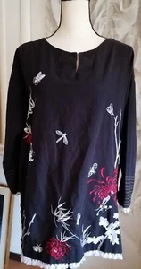 Elan Women Kurta Blouse Black Colorful Floral Butter fly Embroidered Relaxed Fit - Picture 1 of 4