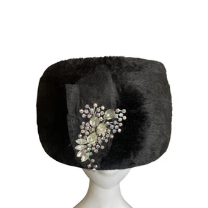 Vintage Black Faux Fur Pillbox Hat With Rhinestone & Mesh Accents - Picture 1 of 8