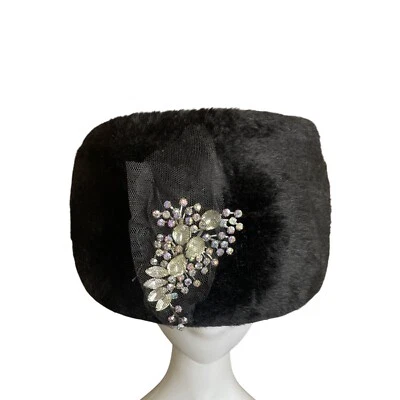 Vintage Black Faux Fur Pillbox Hat With Rhinestone & Mesh Accents - Image 1 of 4
