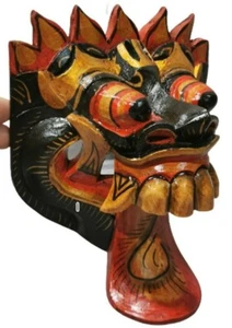 Mask Barong Dragon Decor Christmas Tongue Wall Wood Carved Painted Tribal Black - Picture 1 of 10