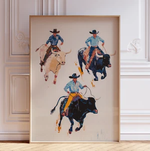 Southwestern Wester Rodeo Cowboy Riding Bucking Bronco Bull Wall Art Print - Picture 1 of 6
