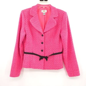 Talbots silk tweed blazer Size 10 pink bow belt long sleeve button - Picture 1 of 11