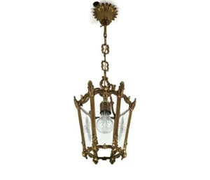 vintage Brass Etched Glass Lantern Pendant Ceiling Fixture Vintage 1 light Chand - Picture 1 of 7