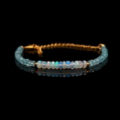 Pulseiras femininas de contas de pedra preciosa Rondelle facetadas de água-marinha e opala naturais 6-8"" - Imagem 1 de 4