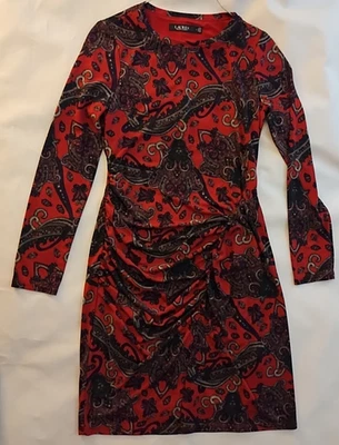 Lauren Ralph Lauren Red Paisley Dress Long Sleeve Faux Wrap Zip Size 4 - Image 1 of 3