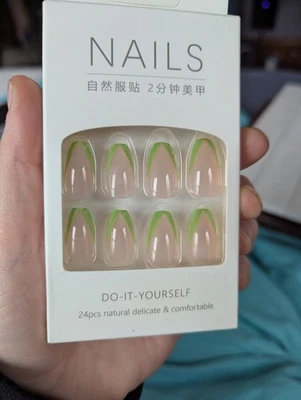 Glue On Acrylic Nails Pink and Green Tips Almond Medium Length - Image 1 of 3