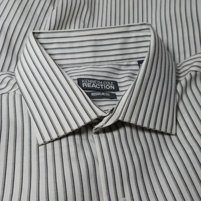Kenneth Cole Reaction Regular Fit Poplin Dress Shirt Sz M 14.5-32/33 Gray Stripe - Image 1 of 4