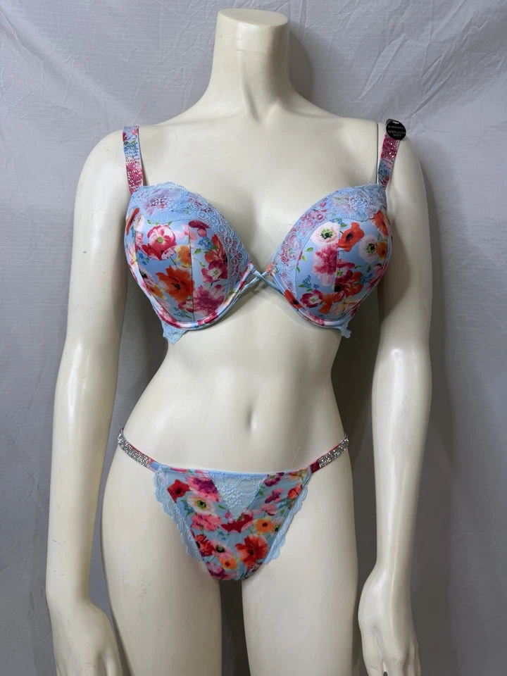 Victoria's Secret Bombshell Plunge Azul Floral 34D Sujetador y Conjunto de Panty a Juego Nuevo con Etiquetas Foto 1 de 4
