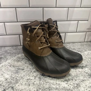 Sperry Saltwater Duck Boots Brown Leather Size 9.5 Rubber Ankle Booties Rain - Picture 1 of 9