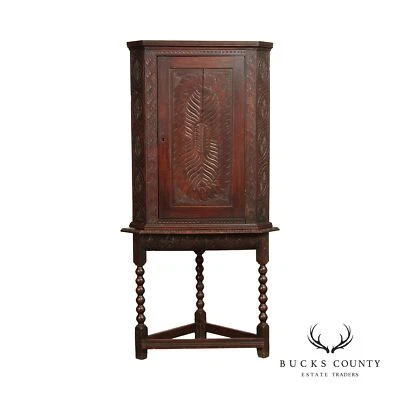 Antique English Carved Oak Corner Cabinet on Stand - Image 1 of 4