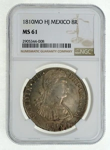 1810 Mo HJ Mexico Silver 8 Reales NGC MS 61 Ferdinand VII 8R Mint State Coin - Picture 1 of 8