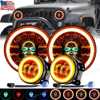 2007-17 For Jeep Wrangler JK JKU 7'' RGB LED Headlights 4'' Fog Lights Combo Kit - Image 1 of 4