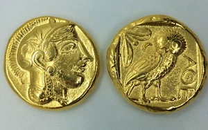24K Gold Plated Athens tetradrachm Repro coins Goddess Athena Owl coin - Picture 1 of 11