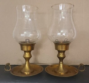 Set of 2 Vintage Solid Brass Chamber Candle Holders w/Finger Loop Etched Glass - Picture 1 of 12