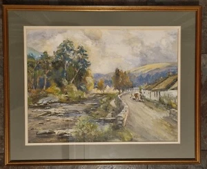 Framed Watercolour Painting - Cattle with Drover in Countryside Setting & River - Picture 1 of 3