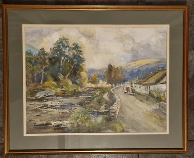Framed Watercolour Painting - Cattle with Drover in Countryside Setting & River - Image 1 of 3