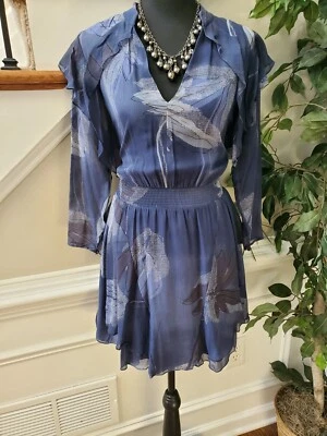 Halston женщин синий цветочный 100% шелк длинным рукавом v-образным вырезом колена платье 0 размер - Изображение 1 из 4