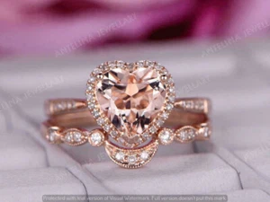 3Ct Simulated Peach Morganite Wedding Bridal Ring Set 925 Rose Gold PlatedSilver - Picture 1 of 10