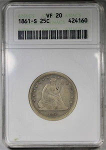 1861-S Seated Quarter ANACS VF20 Soapbox Holder KEY DATE 25C Civil War Date - Picture 1 of 4