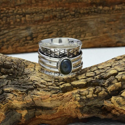 Elegante Pietra Labradorite 925 Argento Sterling Spinner Handmade Anello - Immagine 1 di 3