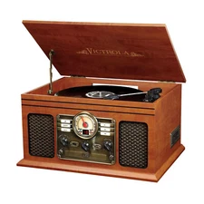 Record Player W Speakers 6-in-1 Nostalgic Bluetooth 3-Speed CD Cassette FM Radio