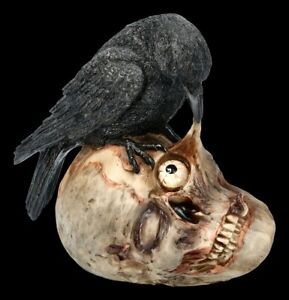 Raben Figur frisst verwesenden Schädel - Gothic Halloween Totenschädel Vogel 