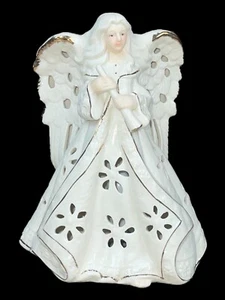 Vintage Markenlos Engel Figur Keramik Weißgold Floral Beleuchtet Lampe 9 in H. - Bild 1 von 12