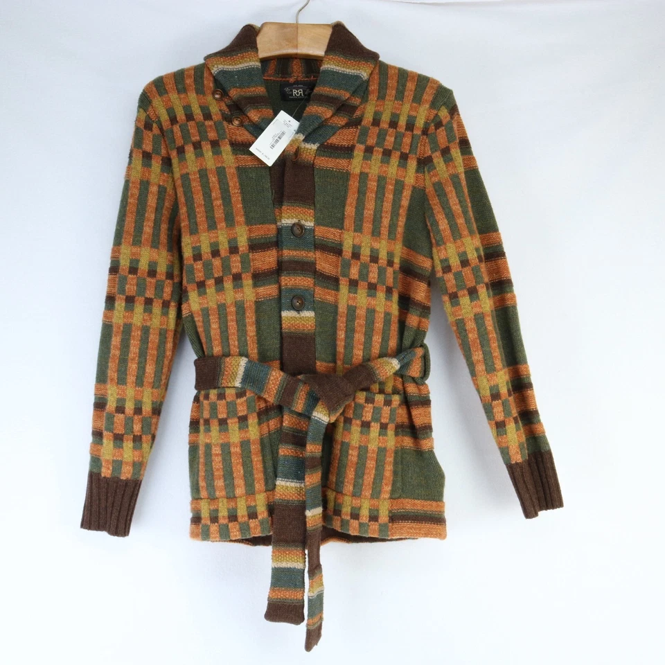 DOUBLE RL RRL RANCH SHAWL CARDIGAN GREEN BROWN 100% WOOL THICK BELTED SWEATER S - Image 1 of 4