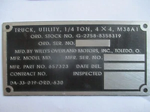 Typenschild Schild Willys Jeep M38A1 M 38 truck utility Oldtimer s77 aluminium - Picture 1 of 1