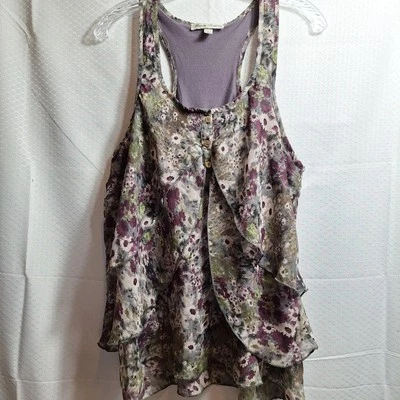 MARISA CHRISTINA Tiered Tank Top Sz L Green Purple Floral Forest 90s Y2K Retro - Image 1 of 4