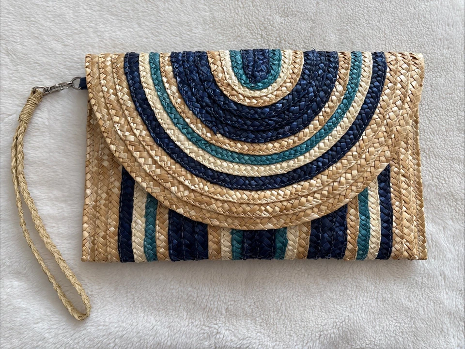 Bolso sin asas de muñeca Mud Pie bolso tejido de paja natural azul marino turquesa grande Foto 1 de 4