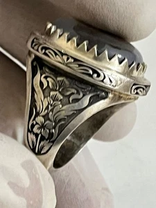 Handmade Men 925 Silver Ring Big Natural Yemen Aqeeq Agate عقيق يمني مصور يدوي - Picture 1 of 21