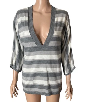 New York & Company Vneck Sweater Womens Small Striped Gray White  - Image 1 of 4