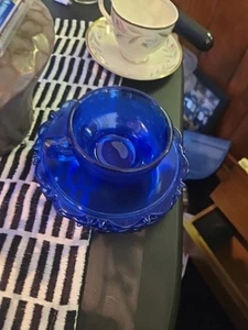 Cobalt Blue Cup and Saucer Set of 4 Mt. Pleasant by Smith Glass - Scalloped  - Picture 1 of 2