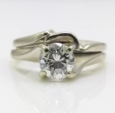 14K White Gold Diamond Solitaire Engagement Ring Wedding Band Set Size 5 FZZ - Image 1 of 4