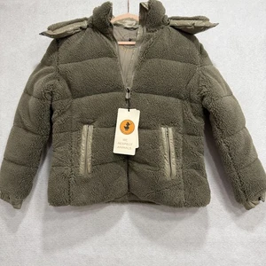 Save The Duck Jacket Womens Medium Olive Sherpa Fleece Puffer Hooded Animal Free - Picture 1 of 13