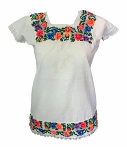New White Hand Made Shirt L Embroidered Punta Cruz Flowers - Picture 1 of 3