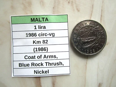 MALTA, 1 lira, 1986 circ, Km 82 (1986), Blue Rock Thrush-Bird - Image 1 of 3