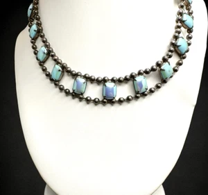 Vintage Signed Necklace Iridescent AB Blue Cushion Glass Cabochon Ball Chain - Imagen 1 de 9