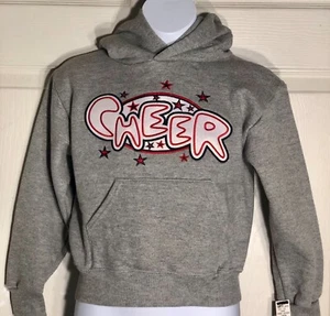 GK CHEER LOGO GIRLS SMALL HOODIE SWEATSHIRT PULLOVER GRAY METALLIC APPLIQUÉ SZ S - Picture 1 of 6