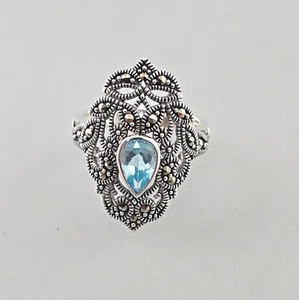 9927157 Vintage 925er Silber opulenter Blautopas - Markasit - Ring Gr.59 - Bild 1 von 5