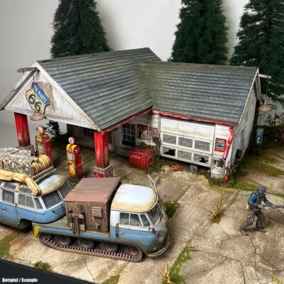 LASER CREATION-WORLD Amerika Tankstelle an Route 66 - 1:24 Laser Cut Bausatz aus Holz zum selberbauen