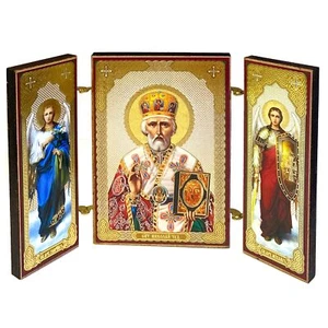 Gold & Silver Foil Wooden Icon Triptych Small Saint Nicholas Archangel Michael - Picture 1 of 4